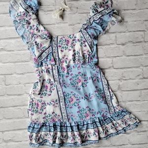 Jaase Light blue white purple pink flowy dress w ruffles open back size Large